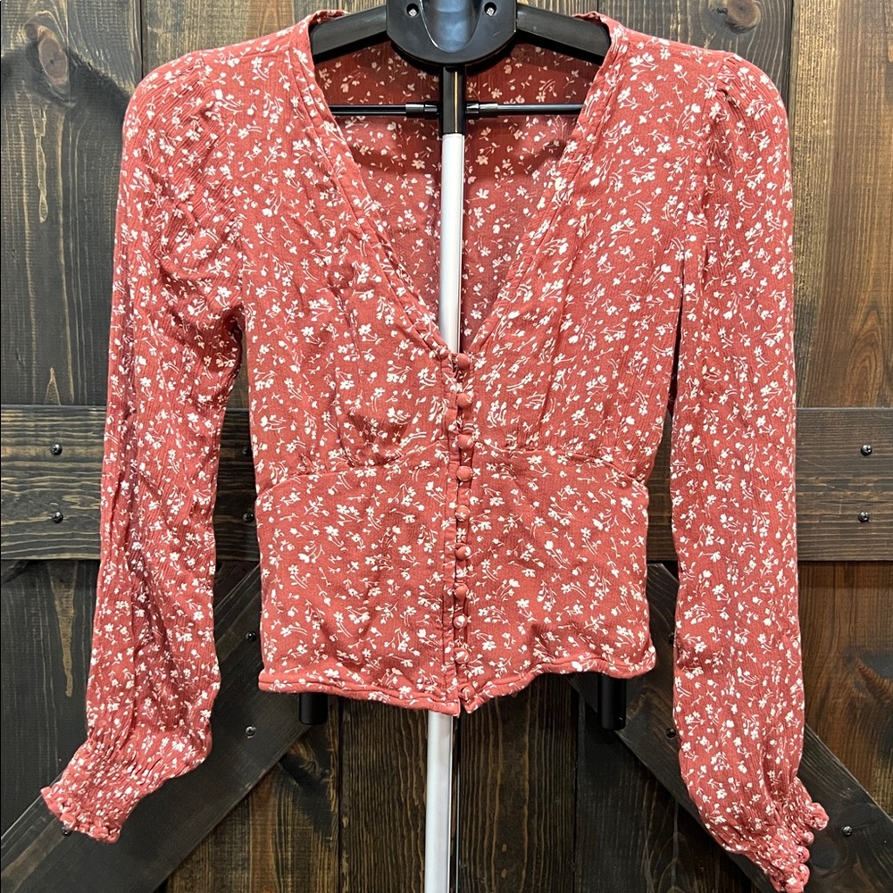 Abercrombie Ditsy Floral Button Front Babydoll Top S Smocked Ruffle Boho Sleeves